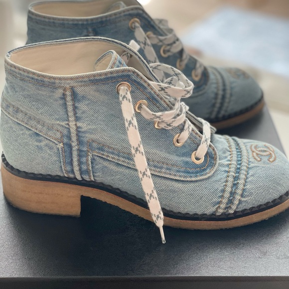 SOLD Chanel Denim Lace Up Booties 20P - Picture 3 of 7